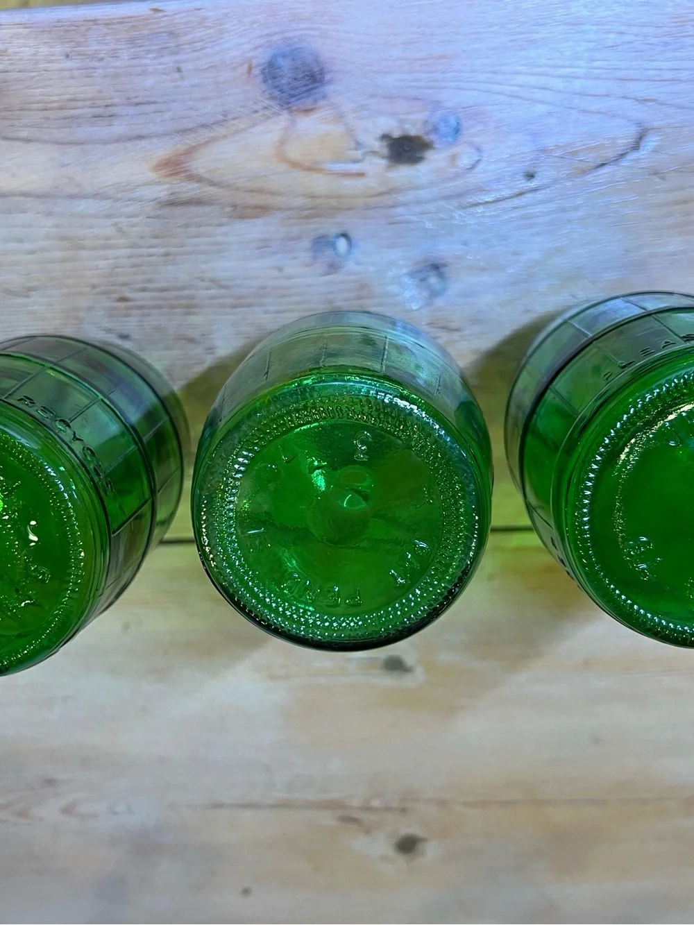 Set 3 Vintage Mickey's Fine Malt Green Glass Barrel Bottles 1960 Patent Pending
